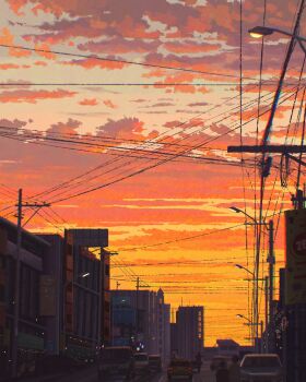 absurdres building car chinese_commentary cityscape cloud cloudy_sky colorful commentary_request evening fangpeii highres lamppost motor_vehicle original outdoors people power_lines road scenery sky street utility_pole
