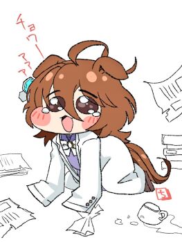 1girl agnes_tachyon_(umamusume) ahoge all_fours animal_ears blush bow bowtie brown_eyes brown_hair chibi chibi_only commentary_request cup eyes_visible_through_hair floppy_ears full_body hair_between_eyes horse_ears horse_girl horse_tail lab_coat long_bangs long_sleeves looking_at_viewer meme negimatukune043 open_mouth papers school_uniform short_hair simple_background sleeves_past_fingers sleeves_past_wrists solo speakiposting_(meme) spill tail teacup tearing_up tracen_school_uniform trickcal umamusume white_background white_bow white_bowtie