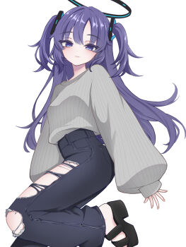 1girl black_halo blue_archive check_commentary commentary commentary_request denim feet hair_intakes hair_ornament halo highres hncstk jeans leg_up long_hair looking_at_viewer mechanical_halo oversized_clothes pants parted_lips pink_pupils platform_sandals purple_eyes purple_hair raised_eyebrows sandals sidelocks simple_background single_sleeve_past_wrist solo sweater sweater_tucked_in torn_clothes torn_jeans torn_pants triangle_hair_ornament two_side_up white_background yuuka_(blue_archive)