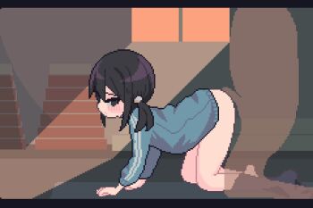 1boy 1girl all_fours animated animated_gif black_hair bleachers blinking blush bottomless breath cum cum_in_pussy cumdrip doggystyle gym happy_sex hetero jacket kneeling loli on_floor open_mouth original pixel_art sex sex_from_behind silhouette sotie track_jacket twintails window