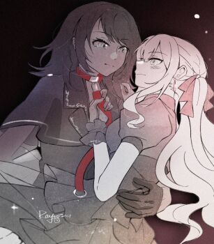 2girls animal_ears bang_dream! bang_dream!_it&#039;s_mygo!!!!! capelet chinese_commentary collar commentary_request dated hair_ribbon highres holding holding_leash leash long_hair medium_hair monochrome multiple_girls oblivionis_(bang_dream!) puffy_short_sleeves puffy_sleeves red_collar ribbon short_sleeves sidelocks signature spot_color timoris_(bang_dream!) togawa_sakiko yahata_umiri yoyoray20001996 yuri