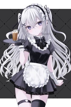 1girl absurdres apron bandaged_wrist bandages bib_collar black_background black_bow black_bowtie black_dress black_gloves black_ribbon black_thighhighs bow bowtie breasts closed_mouth commentary cowboy_shot crossed_bangs cup dress drinking_glass earclip earrings fingerless_gloves frilled_apron frilled_shirt_collar frills gloves grey_eyes grey_hair hair_between_eyes hair_ornament hair_ribbon heart heart_earrings heart_o-ring highres holding holding_tray iris37337 jewelry lace lace-trimmed_dress lace_trim long_hair maid maid_headdress medium_breasts o-ring original puffy_short_sleeves puffy_sleeves ribbon short_sleeves single_fingerless_glove single_glove single_thighhigh solo spoon standing thigh_strap thighhighs tray twitter_username very_long_hair waist_apron white_apron white_wrist_cuffs wrist_cuffs x_hair_ornament