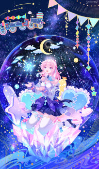 1girl absurdres ankle_bow ankle_ribbon ankle_strap artist_name bare_shoulders blue_bow blue_bowtie blue_collar blue_dress blue_eyes blue_hair blue_shoes bow bowtie box chinese_commentary clothing_cutout collar colored_tips commentary_request dan_heng_(honkai:_star_rail) detached_collar detached_sleeves dress full_body gift gift_box gradient_sleeves hands_up high_heels highres honkai:_star_rail honkai_(series) long_sleeves looking_at_another march_7th_(honkai:_star_rail) march_7th_(nascent_spring)_(honkai:_star_rail) medium_hair multicolored_dress multicolored_eyes multicolored_hair official_alternate_costume open_hands open_mouth pillow pink_bow pink_eyes pink_hair pink_pupils pump purple_sleeves ribbon shoes short_dress sitting skindentation smile thighhighs tiara trailblazer_(honkai:_star_rail) two-tone_collar two-tone_eyes viclim-monou wariza white_collar white_dress white_sleeves white_thighhighs zettai_ryouiki