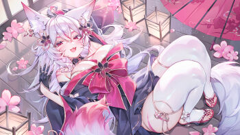 Rule 34 | absurdres, alllisso, animal ears, bell, cherry blossoms, fang, fox ears, fox tail, highres, japanese clothes, kimono, red eyes, satsuki mei (vtuber), skin fang, smug, tail, white hair