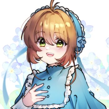 Rule 34 | 1girl, antenna hair, blue dress, blue hairband, brown hair, cardcaptor sakura, commentary, dress, english commentary, frilled dress, frilled hairband, frills, green eyes, hair between eyes, hair intakes, hairband, hand on own chest, highres, kinomoto sakura, long sleeves, looking at viewer, open mouth, ryuuxin, short hair, smile, solo, swept bangs, upper body, white background