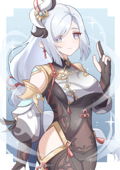 Rule 34 | 1girl, absurdres, black gloves, bodysuit, breast curtain, breasts, closed mouth, clothing cutout, commentary request, earrings, genshin impact, gloves, gold trim, grey eyes, grey hair, hand up, highres, hip vent, jewelry, large breasts, long hair, looking at viewer, mako (cvyt5325), partially fingerless gloves, shenhe (genshin impact), smile, solo, tassel, tassel earrings, very long hair