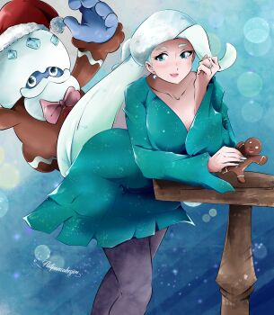 1girl absurdres alternate_costume breasts cleavage darmanitan flatpancakesjim galarian_darmanitan galarian_form gen_5_pokemon gen_8_pokemon gingerbread_cookie hat highres jewelry large_breasts leaning_forward leaning_on_object leggings mature_female melony_(pokemon) nintendo pokemon pokemon_swsh ring simple_background thick_lips thighhighs white_hair winter_clothes