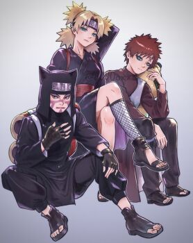 1girl 2boys arm_up black_gloves black_pants black_shirt black_shoes blonde_hair blue_eyes brother_and_sister brothers brown_shirt closed_mouth commentary_request elbow_on_knee facepaint facial_tattoo fingerless_gloves fishnet_leggings forehead_protector gaara_(naruto) gloves gourd headband highres invisible_chair kankurou_(naruto) looking_at_viewer looking_to_the_side multiple_boys naruto_(series) naruto_shippuuden o000oxx pants sandals sash shirt shoes siblings sideways_glance sitting tattoo temari_(naruto) twitter_username weapon weapon_on_back