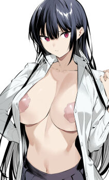 1girl black_hair black_skirt blush breasts collarbone commentary_request haite_kudasai_takamine-san hiiragi_yuuichi large_breasts long_hair long_sleeves looking_at_viewer navel no_bra open_clothes open_shirt parted_lips pasties red_eyes shirt simple_background skirt solo takamine_takane white_background white_shirt