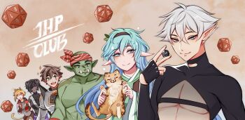 1hp_club :d :o absurdres alice_(1hp_club) animal animal_ears armor bald black_gloves black_hair blue_eyes blue_hair breasts brown_hair cat cat_ears cat_request cat_tail coat colored_skin copyright_name crossed_bangs dice elf elfboiii everyone facial_mark fangs fangs_out ffion_(1hp_club) fingerless_gloves gloves goblin gradient_hair green_eyes green_skin grey_eyes hair_between_eyes hair_ornament hair_over_one_eye hand_up headband highres holding holding_animal holding_cat holding_dice horns imsh kemonomimi_mode leaf_hair_ornament long_hair looking_at_another multicolored_hair no-one_(1hp_club) obi_(1hp_club) open_mouth pointy_ears polyhedral_dice purple_eyes red_coat scar scar_across_eye scar_on_face see-through_clothes sheep_horns short_hair smile solaire_(1hp_club) sparkle tail v very_long_hair white_hair