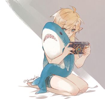 1boy androgynous barefoot black_male_underwear blonde_hair blue_eyes blue_shirt closed_mouth commentary dot_mouth english_commentary holding ikea_shark kneeling link long_pointy_ears looking_at_object male_focus male_underwear medium_hair natsuyon nintendo parted_bangs parted_hair pointy_ears sheikah_slate shirt solo stuffed_animal stuffed_shark stuffed_toy the_legend_of_zelda the_legend_of_zelda:_breath_of_the_wild twitter_username underwear