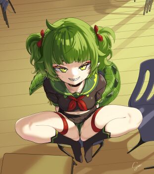 1girl absurdres black_shirt black_skirt black_socks breasts cameltoe crocodile_girl crocodilian_tail green_eyes green_hair green_panties green_sailor_collar grin hair_ribbon highres looking_up midriff navel nitya_nil panties phase_connect pointy_ears ribbon sailor_collar sedua_weynn sharp_teeth shirt short_hair sitting skirt small_breasts smile socks solo sweat tail teeth thigh_strap thighs underwear virtual_youtuber