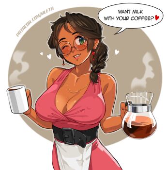 1girl apron artist_name belt blush breasts brown_hair chain cleavage coffee coffee_mug coffee_pot cup dark-skinned_female dark_skin dress earrings female_focus glasses gold_chain gold_necklace green_eyes heart highres holding jewelry kim_(mleth) large_breasts lipstick low_neckline makeup medium_hair mleth mug necklace nipples_visible_through_shirt one_eye_closed original patreon_logo patreon_username pink_dress round_eyewear simple_background sleeveless sleeveless_dress smile solo steam tan tanline teeth upper_teeth_only waitress watermark web_address wink