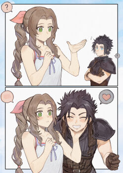 ! 1boy 1girl ? aerith_gainsborough armor bare_shoulders black_gloves black_hair blush braid braided_ponytail brown_hair collarbone commentary_request couple crisis_core:_final_fantasy_vii crossed_arms dress final_fantasy final_fantasy_vii gloves green_eyes grin hair_ribbon hand_on_another's_chin hand_on_another's_head heart ivy60530 long_hair looking_at_viewer open_hand outside_border parted_bangs pink_ribbon ribbon sequential short_hair shoulder_armor sidelocks sleeveless sleeveless_turtleneck smile spaghetti_strap spiked_hair spoken_blush spoken_exclamation_mark spoken_heart spoken_question_mark sweatdrop sweater turtleneck turtleneck_sweater upper_body white_dress zack_fair