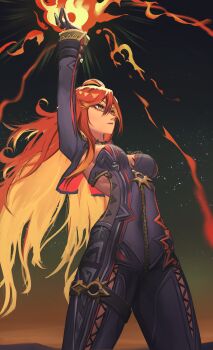 1girl absurdres arm_up black_bodysuit black_gloves blonde_hair bodysuit closed_mouth colored_inner_hair cowboy_shot from_below genshin_impact gloves gradient_sky hair_between_eyes highres long_sleeves mavuika_(genshin_impact) medium_hair multicolored_hair orange_eyes red_hair sky solo standing star_(sky) starry_sky yggrassil