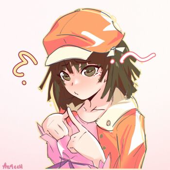 1girl artist_name azmcch brown_eyes brown_hair choppy_bangs close-up collarbone dress flying_sweatdrops gradient_background hat highres index_fingers_together jacket medium_hair monogatari_(series) newsboy_cap open_clothes open_jacket orange_hat orange_jacket own_hands_together pink_background pink_dress pursed_lips raised_eyebrows sengoku_nadeko signature solo upper_body