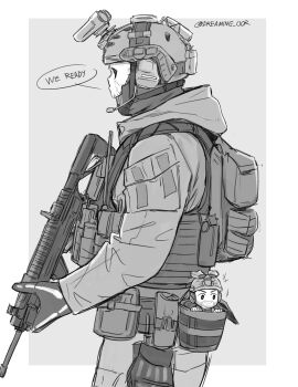 2boys belt bulletproof_vest call_of_duty call_of_duty:_modern_warfare_2 chibi closed_mouth dreaming_oor english_text facial_hair ghost_(modern_warfare_2) gloves gun headphones helmet highres holding holding_gun holding_weapon hood hood_down hooded_jacket jacket male_focus mask monochrome multiple_boys pants skull_mask smile soap_(modern_warfare_2) twitter_username weapon