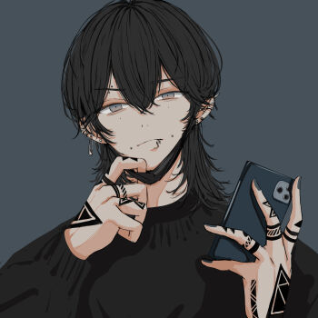1boy absurdres black_hair black_shirt blue_background closed_mouth commentary ear_piercing english_commentary finger_tattoo frown grey_eyes hair_between_eyes hand_tattoo highres holding holding_phone long_hair looking_at_viewer male_focus mask mouth_mask niwa281610 original phone piercing shirt sleeves_past_wrists solo spike_piercing tattoo