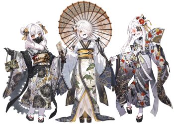 3girls absurdres alternate_costume alternate_hairstyle bag bandaged_arm bandaged_hand bandages black_bow black_mask black_sash black_tail blindfold blue_archive bow chinese_hairpin colored_eyelashes colored_skin commentary commentary_request double-parted_bangs double_bun ein_(blue_archive) extra_pupils floral_print floral_print_kimono flower flower_on_face full_body furisode grey_kimono hair_bun hair_flower hair_ornament hair_over_one_eye hand_fan hand_up handbag highres holding holding_bag holding_fan holding_paddle holding_umbrella japanese_clothes kimono kokukyukeo korean_commentary long_hair mask mechanical_hands mechanical_tail multiple_girls obi obijime ohr_(blue_archive) oil-paper_umbrella okobo open_mouth paddle platform_sandals print_kimono red_flower respirator sandals sash segmented_tail short_hair simple_background sof_(blue_archive) symbol-shaped_pupils tabi tail umbrella white_background white_eyelashes white_flower white_hair white_kimono white_skin wide_sleeves wrist_bow x-shaped_pupils yellow_eyes