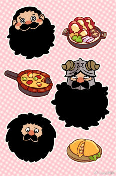 1boy asd4486 beard blush_stickers brown_hair chibi chibi_only cooking cropped_head dungeon_meshi dwarf multiple_expressions facial_hair fake_horns fluffy food frown helmet horned_helmet horns long_beard male_focus mustache pink_background pizza sanpaku senshi_(dungeon_meshi) senshi_(half-foot)_(dungeon_meshi) thick_mustache very_long_beard wok