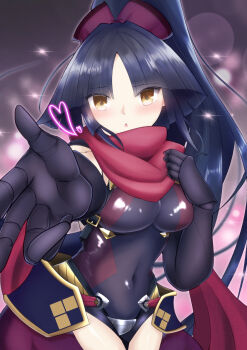 1girl absurdres black_hair blowing_kiss blush breasts commentary_request fate/grand_order fate_(series) highres joints katou_danzou_(fate) long_hair looking_at_viewer mechanical_arms medium_breasts moyashi_(pixiv44153669) open_mouth ponytail robot_girl robot_joints yellow_eyes