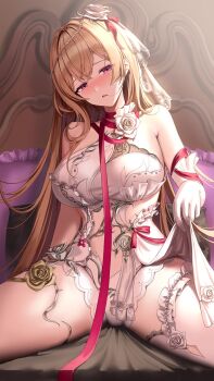 1girl bare_shoulders blonde_hair breasts commentary dress elbow_gloves flower gloves hair_flower hair_ornament highres large_breasts looking_at_viewer marian_andreotti parted_lips red_eyes silence_girl single_elbow_glove single_thighhigh sitting snowbreak:_containment_zone solo symbol-only_commentary thighhighs white_dress white_flower white_gloves white_thighhighs