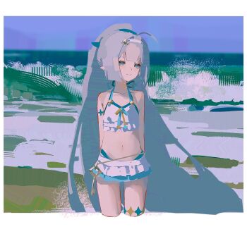 1girl ahoge arms_behind_back bare_arms bare_shoulders bikini bikini_skirt blue_eyes blue_ribbon blue_sky border brush_stroke center-flap_bangs cropped_legs female_tyrant_(stella_sora) flat_chest frilled_bikini frills grey_hair hair_ornament hairband halterneck high_ponytail highleg highleg_bikini highres horizon key long_hair looking_at_viewer medamayaki27760 microskirt midriff muted_color navel neck_ribbon ocean official_alternate_costume official_alternate_hairstyle outdoors painterly petite ponytail ribbon shore skirt sky smile solo split_mouth standing stella_sora surf swimsuit thigh_strap tyrant_(stella_sora) variant_set very_long_hair waves white_bikini white_border white_hairband white_skirt wide_ponytail