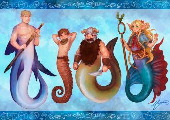 1girl 3boys armpits beard chilchuck_tims dungeon_meshi dwarf eel_boy elf facial_hair fake_horns fins full_beard gradient_skin halfling helmet highres holding holding_knife holding_staff holding_sword holding_weapon horned_helmet horns knife laios_touden large_pectorals long_beard marcille_donato maria_(marosar) merman mermay_2024 monster_boy monster_girl monsterification multiple_boys muscular muscular_male mustache pectorals pointy_ears seahorse_boy senshi_(dungeon_meshi) shark_boy shota skinney staff sword thick_eyebrows thick_mustache toned toned_male very_long_beard weapon