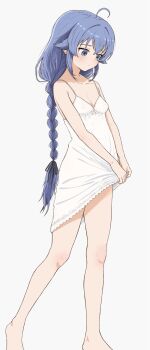 1girl ahoge blue_eyes blue_hair braid breasts choppy_bangs cleavage closed_mouth clothes_lift commentary_request covered_erect_nipples full_body highres lifting_own_clothes lingerie loli long_hair looking_down mushoku_tensei negligee rora_(user_vgpk4444) roxy_migurdia simple_background single_braid small_breasts solo spaghetti_strap standing underwear very_long_hair white_background white_negligee
