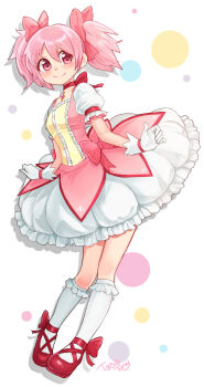 1girl bow bow_choker breasts bubble_skirt chest_jewel choker commentary dotted_background dress english_commentary frilled_socks frills full_body gloves hair_bow highres kaname_madoka kaname_madoka_(magical_girl) kneehighs looking_at_viewer magical_girl mahou_shoujo_madoka_magica pink_bow pink_dress pink_eyes pink_hair puffy_sleeves red_choker red_shoes shoes short_twintails skirt small_breasts smile socks solo square_neckline topsieturvy twintails white_gloves white_skirt white_sleeves white_socks