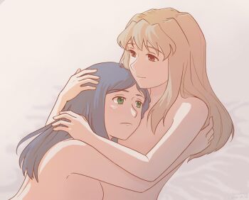 2girls blue_hair blush breasts brown_hair chinese_commentary closed_mouth commentary_request cuddling fujino_shizuru green_eyes highres hug kuga_natsuki long_hair medium_breasts multiple_girls my-hime nude red_eyes smile tonidong yuri