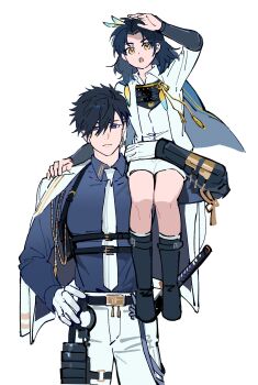 Rule 34 | 2boys, absurdres, arm armor, armor, bbrah v, belt, black belt, black boots, black hair, blue cape, blue eyes, blue hair, blue shirt, boots, breastplate, cape, carrying, chest belt, closed mouth, commentary, expressionless, feather hair ornament, feathers, futasujihi sadamune, gloves, hair ornament, hand on another's shoulder, hand on own head, hand on own hip, highres, holding another's thighs, jacket, jacket on shoulders, katana, looking at viewer, male focus, medium hair, multiple belts, multiple boys, necktie, open mouth, parted bangs, sheath, sheathed, shirt, shorts, shoulder carry, simple background, sitting, standing, sword, taikogane sadamune, tassel, thigh armor, touken ranbu, untranslatable commentary, weapon, white background, white gloves, white jacket, white necktie, white shorts, yellow eyes