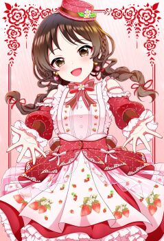 1girl blush bow bowtie braid brown_eyes brown_hair commentary_request dress eating feet_out_of_frame food_print fruit_print hat highres idolmaster long_hair looking_at_viewer nimoji open_mouth pink_background pink_dress simple_background solo standing strawberry_print tachibana_arisu twin_braids