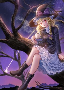 1girl black_boots black_hat black_jacket blonde_hair boots bow braid branch buttons commentary_request crossed_legs cup frilled_skirt frills hair_bow hat hat_bow highres holding holding_cup in_tree jacket kirisame_marisa knees kyabekko long_hair looking_to_the_side mountainous_horizon mug night night_sky open_mouth purple_bow red_eyes shirt shooting_star single_braid sitting sitting_in_tree skirt sky solo star_(sky) starry_sky steaming_cup touhou tree white_shirt white_skirt witch_hat