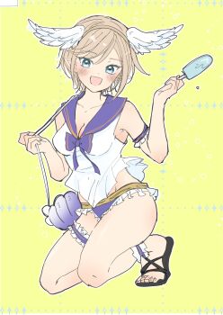 1girl bikini bikini_bottom_only black_sandals blue_eyes blush bow bowtie breasts brown_hair cleavage commentary_request fake_wings feathered_wings food full_body head_wings highres holding holding_food holding_popsicle looking_at_viewer medium_breasts open_mouth pointy_ears popsicle purple_bikini purple_bow purple_bowtie purple_sailor_collar ragnarok_online ragnarok_origin sailor_collar sandals shimako_(user_jsaa7243) shirt short_hair sleeveless sleeveless_shirt smile solo super_novice_(ragnarok_online) swimsuit white_shirt white_wings wings yellow_background