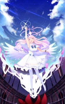 1girl absurdres angel_wings arm_up armpits blue_archive blue_bow blue_sky bow breasts buttons capelet cloud commentary_request crescent double-breasted dress falling_feathers feathered_wings feathers flower frilled_skirt frills hair_flower hair_ornament halo high_heels highres hijiki_senpai long_hair looking_up low_wings medium_breasts mika_(blue_archive) pantyhose pink_hair pink_halo pumps purple_eyes scrunchie skirt sky sleeveless sleeveless_dress smile solo very_long_hair white_capelet white_dress white_feathers white_pantyhose white_wings wings wrist_scrunchie