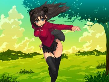 1girl black_bow black_hair black_ribbon black_shoes black_skirt black_socks black_thighhighs blue_eyes bow breasts closed_mouth dot_nose fate/stay_night fate/unlimited_blade_works fate_(series) female_focus hair_bow hair_ribbon hair_wagging large_breasts legs long_hair long_sleeves looking_at_viewer miniskirt no_panties pleated_skirt red_shirt ribbon sexually_suggestive shirt shoes skirt smile socks solo solo_focus thighhighs thighs tohsaka_rin twintails zettai_ryouiki