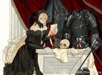 1girl armor bare_shoulders black_dress blonde_hair burning burning_paper chinese_commentary closed_mouth column commentary_request cooking_pot curtains detached_hood detached_sleeves dress dungeon_meshi ear_covers elf feet_out_of_frame fine_art_parody fire full_armor fur-trimmed_dress fur_trim green_eyes highres holding holding_paper hourglass inkwell latin_text long_hair looking_at_viewer marcille_donato marcille_donato_(lord) memento_mori_(carstian_luyckx) paper parody phoebus_ring pillar pointy_ears skull staff standing translation_request very_long_hair