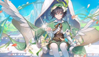 1boy absurdres ahe63011 anemo_symbol_(genshin_impact) aqua_eyes aqua_hair bishounen black_hair braid braided_sidelocks brooch cape cecilia_flower_(genshin_impact) chinese_commentary closed_mouth collared_cape commentary_request diffraction_spikes feet_out_of_frame flower genshin_impact gradient_hair green_cape green_hat green_shorts hat hat_flower highres jewelry light_smile looking_at_viewer male_focus multicolored_hair outdoors pantyhose short_hair_with_long_locks shorts sitting solo venti_(genshin_impact) vision_(genshin_impact) white_flower white_pantyhose