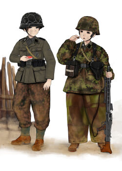 2girls ammunition_pouch boots chocolate combat_helmet comi dirt dirty dirty_face eating food gun hand_on_weapon helmet highres holding holding_item holding_weapon holster jacket machine_gun mg42 military military_uniform mud multiple_girls nazi original pouch shirt stahlhelm waffen-ss weapon world_war_ii