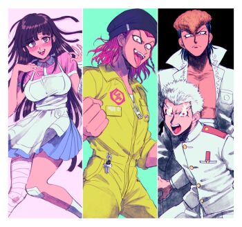 Rule 34 | 1girl, 3boys, apron, aqua background, beanie, black background, commentary request, danganronpa: trigger happy havoc, danganronpa (series), danganronpa 2: goodbye despair, hat, ishida (danganronpa), ishimaru kiyotaka, jacket, jumpsuit, looking at viewer, multiple boys, oniyama831, owada mondo, pectorals, pink background, pink eyes, pink hair, pink shirt, pompadour, purple eyes, purple hair, school uniform, shirt, short hair, soda kazuichi, tongue, tongue out, tsumiki mikan, white apron, white jacket, yellow jumpsuit