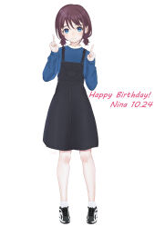 Rule 34 | 1girl, absurdres, black dress, blue eyes, blue sweater, blush, brown hair, character name, closed mouth, dated, denim, dress, full body, girls band cry, happy birthday, highres, index finger raised, iseri nina, long sleeves, looking at viewer, low twintails, omochi tabeyo97, pinafore dress, short hair, short twintails, simple background, sleeveless, sleeveless dress, smile, solo, sweater, twintails, white background