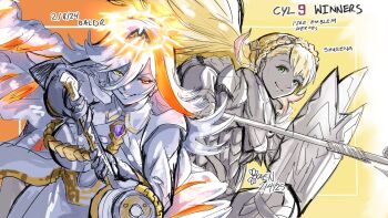 Rule 34 | 2girls, baldr (fire emblem heroes), blonde hair, character name, dated, english text, fire emblem, fire emblem heroes, green eyes, hair between eyes, heterochromia, highres, holding, holding polearm, holding shield, holding weapon, kaen (yoltablaze), long bangs, long hair, looking at viewer, multicolored hair, multiple girls, nintendo, orange eyes, orange hair, polearm, sharena (fire emblem), shield, smile, two-tone hair, very long hair, weapon, white hair, yellow eyes