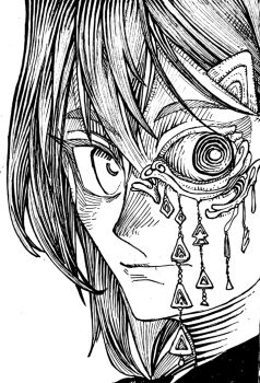 Rule 34 | 1girl, ange katrina, bright pupils, closed mouth, commentary request, greyscale, hair between eyes, hair ornament, hatching (texture), jewelry, linear hatching, long hair, looking at viewer, looking to the side, mismatched irises, monochrome, monocle, nijisanji, portrait, ringed eyes, shou-star, simple background, solo, triangle hair ornament, virtual youtuber