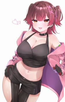 1girl black_choker black_gloves black_shorts black_tank_top blunt_bangs breasts brown_hair choker commentary_request cowboy_shot crop_top ear_piercing fang gloves gradient_hair gunsou1350 hair_ornament hair_ribbon hand_on_own_hip heart highres hololive hood hooded_jacket jacket large_breasts looking_at_viewer mechanical_legs medium_hair midriff multicolored_hair navel off_shoulder official_alternate_costume open_mouth piercing pink_jacket red_hair ribbon roboco-san roboco-san_(open_pink_hoodie) short_shorts shorts simple_background skin_fang solo tank_top two-tone_hair two_side_up virtual_youtuber white_background x_hair_ornament yellow_eyes