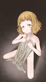 1girl black_background blonde_hair blush closed_mouth collarbone completely_nude covering_breasts covering_privates dot_nose dress eyelashes feet_out_of_frame female_focus from_above gradient_background grey_background grey_dress half-closed_eyes hands_on_own_chest himemiya_yuki kneeling loli looking_at_viewer looking_up manemane_nichinichi medium_hair misaia naughty_face nervous nervous_smile nervous_sweating nude simple_background smile solo sweat two-tone_background unworn_dress variant_set yellow_eyes