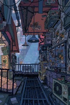 absurdly_detailed_composition alley animated animated_gif awning banner bird bottle building cable can catwalk_(walkway) city commentary complex_exterior condenser_unit english_commentary flying hanging_light highres industrial_pipe light_rays no_humans original outdoors pixel_art polaroid_photo poster_(object) railing ramp sign sunbeam sunlight trash vending_machine waneella weeds