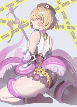 1girl absurdres accessories ass asymmetrical_shorts bare_shoulders beret black_bow black_hat blonde_hair bow breasts caution_tape charm_(object) closed_mouth commentary crunchy_(namtaehyeon1234) detached_sleeves english_text from_side grey_background hair_between_eyes hashtag-only_commentary hat high-waist_shorts highres large_breasts looking_at_viewer mole mole_under_mouth monster_girl purple_eyes scylla shiny_skin shirt short_hair shorts single_sock single_thighhigh socks solo suction_cups tentacle_girl tentacle_tail tentacles thighhighs torn_clothes torn_thighhighs weapon white_shirt white_sleeves yidhari_murphy zenless_zone_zero