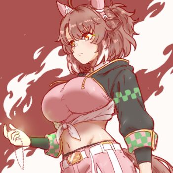 1girl ahoge animal_ears belt black_shrug blush bow breasts brown_eyes brown_hair checkered_ribbon closed_mouth dantsu_flame_(center_spotlight)_(umamusume) dantsu_flame_(umamusume) ear_covers ear_ornament ear_ribbon hair_between_eyes hair_ornament hairband holding holding_jewelry holding_necklace horse_ears horse_girl horse_tail jewelry large_breasts lowres midriff multicolored_hair navel necklace pink_hairband pink_shirt pink_shorts shirt shorts shrug_(clothing) solo tachibana_nukesaku tail tied_shirt umamusume white_belt white_hair white_shirt