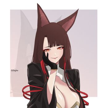 1girl akagi_(azur_lane) animal_ears artist_name azur_lane black_kimono blush border breasts brown_hair chieftain_art13 cleavage commentary english_commentary eyeliner eyeshadow fox_ears fox_girl gloves grey_background grin hair_tubes hand_on_own_cheek hand_on_own_face hand_up highres japanese_clothes kimono large_breasts lips long_hair looking_at_viewer makeup open_mouth outside_border red_eyes red_eyeshadow simple_background smile solo upper_body white_border wide_sleeves zoom_layer